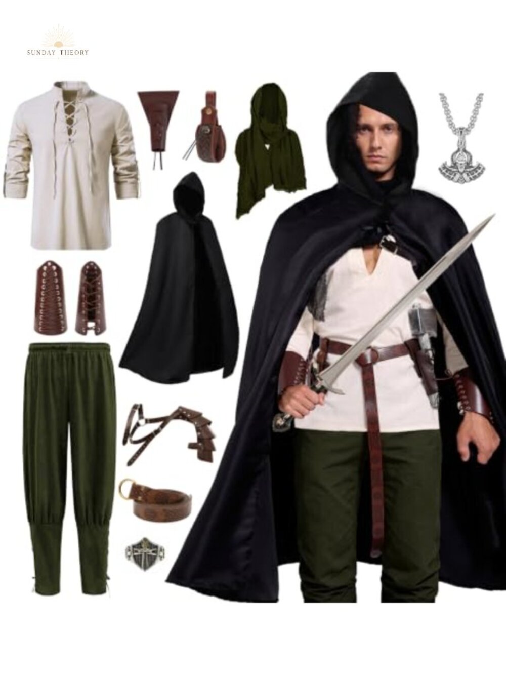 Mens 10 Piece Renaissance Pirate Costume Set Medieval Viking Outfit